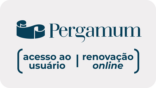 Imagem retangular com fundo cinza. Nela está escrito, na cor azul, o seguinte: Pergamum (acesso ao usuário / renovação on-line).