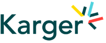 Logomarca da Karger. A logo é composta pela palavra Karger escrita na cor verde escuro. Do último r da palavra saem alguns traços nas cores amarelo, azul, vermelho e verde