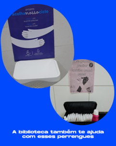 Imagem com duas fotos coloridas mostrando as caixas onde estão os itens de higiene. As caixas são acompanhadas de cartazes sobre as iniciativas de distribuição de itens de higiene. 