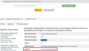 Print do resultado de metadados de trabalho pesquisado e acessado através do portal oasisbr. Na imagem está destacado o metadado dARK ID.