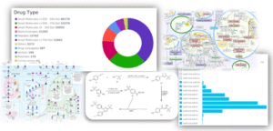 Imagem composta por 5 prints diferentes de recursos do CDDI. Aparecem estruturas de compostos químicos, gráficos e imagens ilustrando a interação entre compostos.