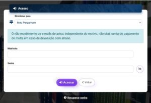 Tela de login no Meu Pergamum. Nela existem espaços, do lado direito, para inclusão de login e senha. Há ainda a opção Recuperar senha.