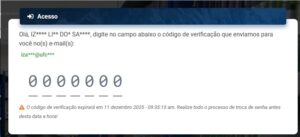 Tela para inclusão do código de verificação. O código é composto por 6 dígitos.