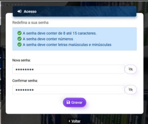 Tela para cadastro da nova senha. Há duas caixas para inclusão da senha, pois após inseri-la é necessário repeti-la para confirmar. Acima das caixas há uma lista com os critérios que a senha deve obedecer.
