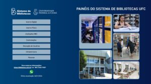 Print de tela majoritariamente azul. Nela aparecem fotos coloridas de bibliotecas da UFC e a lista de menus que podem ser acessados nos Painéis estratégicos do SiBi-UFC.